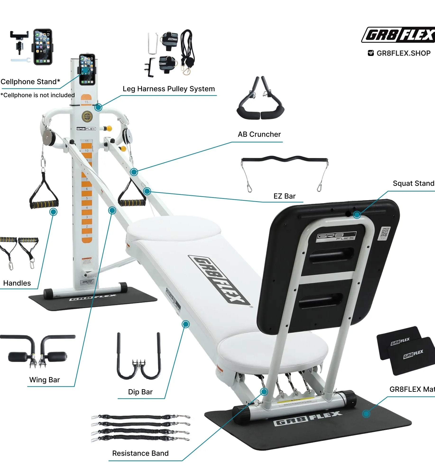 (Final Sale) Pearl White Bundle Set - Adjustable Dumbbells (Black) + GR8FLEX original all inclusive gym, get a FREE 12pc 270lbs Resistance Bands set GR8FLEX USA